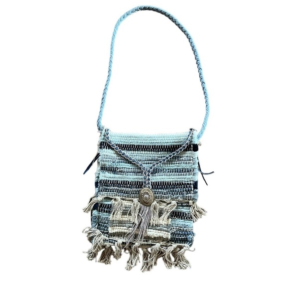 Recycled Handmade Fringe Boho Hippie Crossbody Purse Fringe Blue Trendy School - Picture 1 of 11